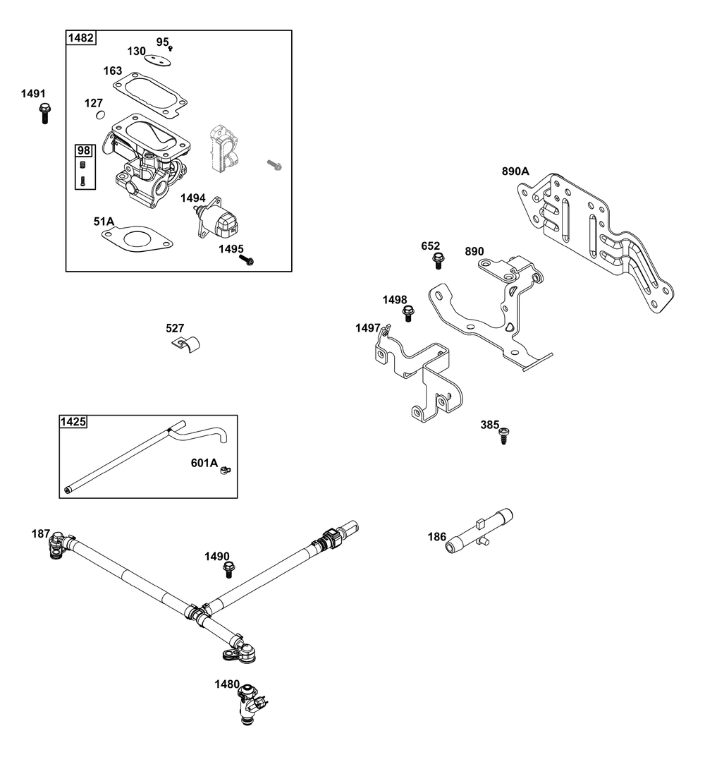Throttle Body And Fuel Supply Group Diagram and Parts List for 54E177-0111-J1 400000 - 699999 Briggs and Stratton Engine